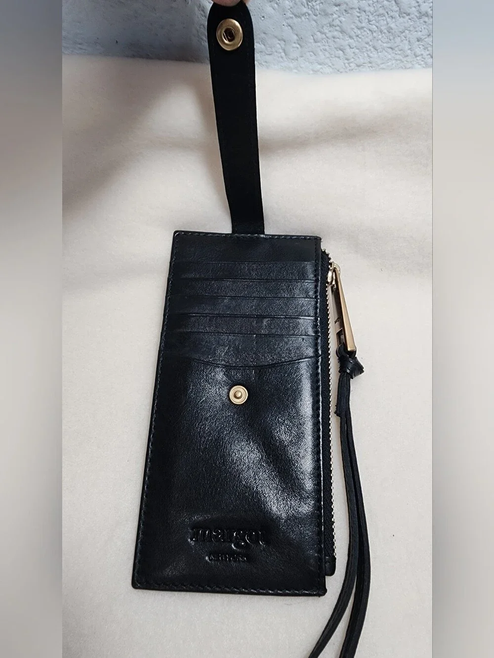 Margot Black Leather Wristlet Card & Zip Holder with Strap